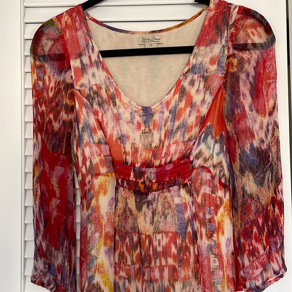 Lucky Brand Live in Love Red colorful long dress with long sleeves.